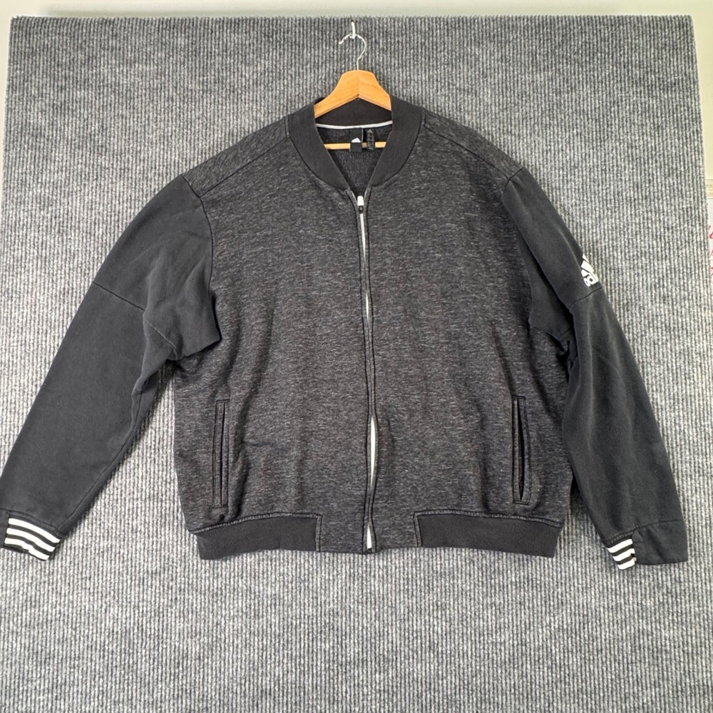 Adidas Mens 2XL Bomber Jacket Gray Black 3-Stripes Y2K‎ Athleisure
